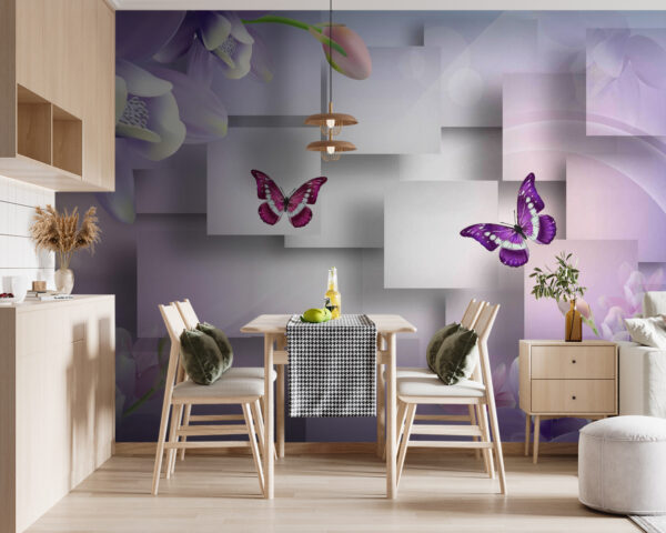 Lila und weiße Blumen und Schmetterlinge Lila und weiße Blumen und Schmetterlinge