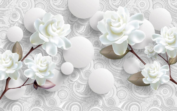 Weiße Blumen und Kreise auf einem weißen Hintergrund Weiße Blumen und Kreise auf einem weißen Hintergrund