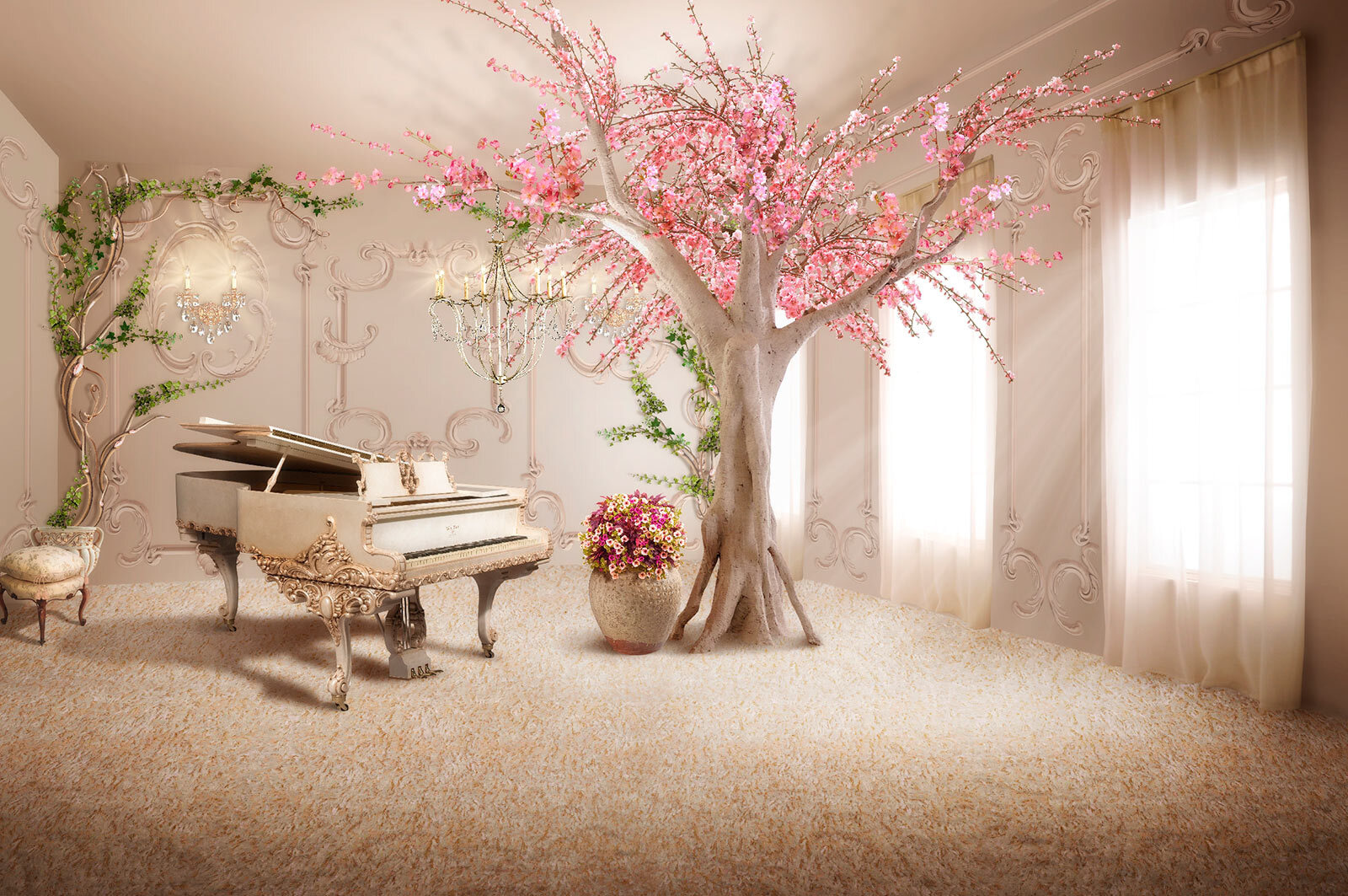 Tree with pink flowers in a room Tree with pink flowers in a room