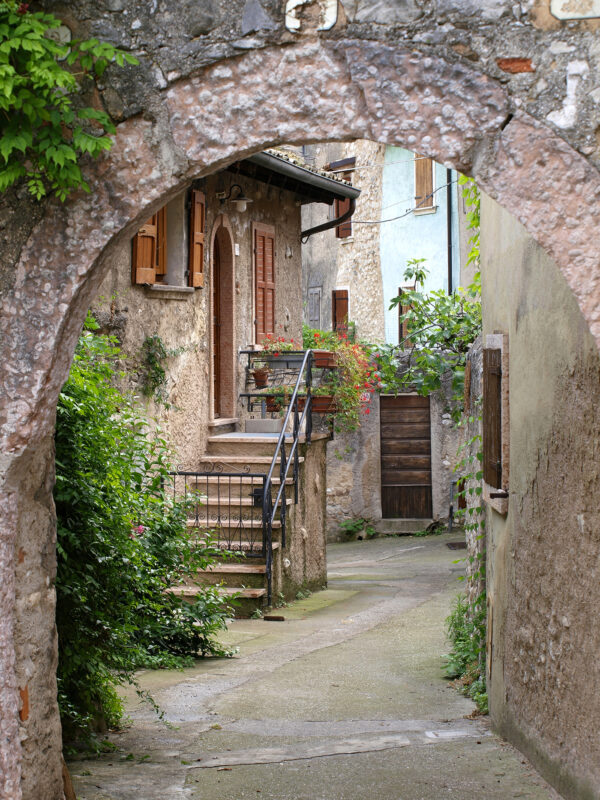 Steinbogen mit Pflanzen und Treppe Steinbogen mit Pflanzen und Treppe