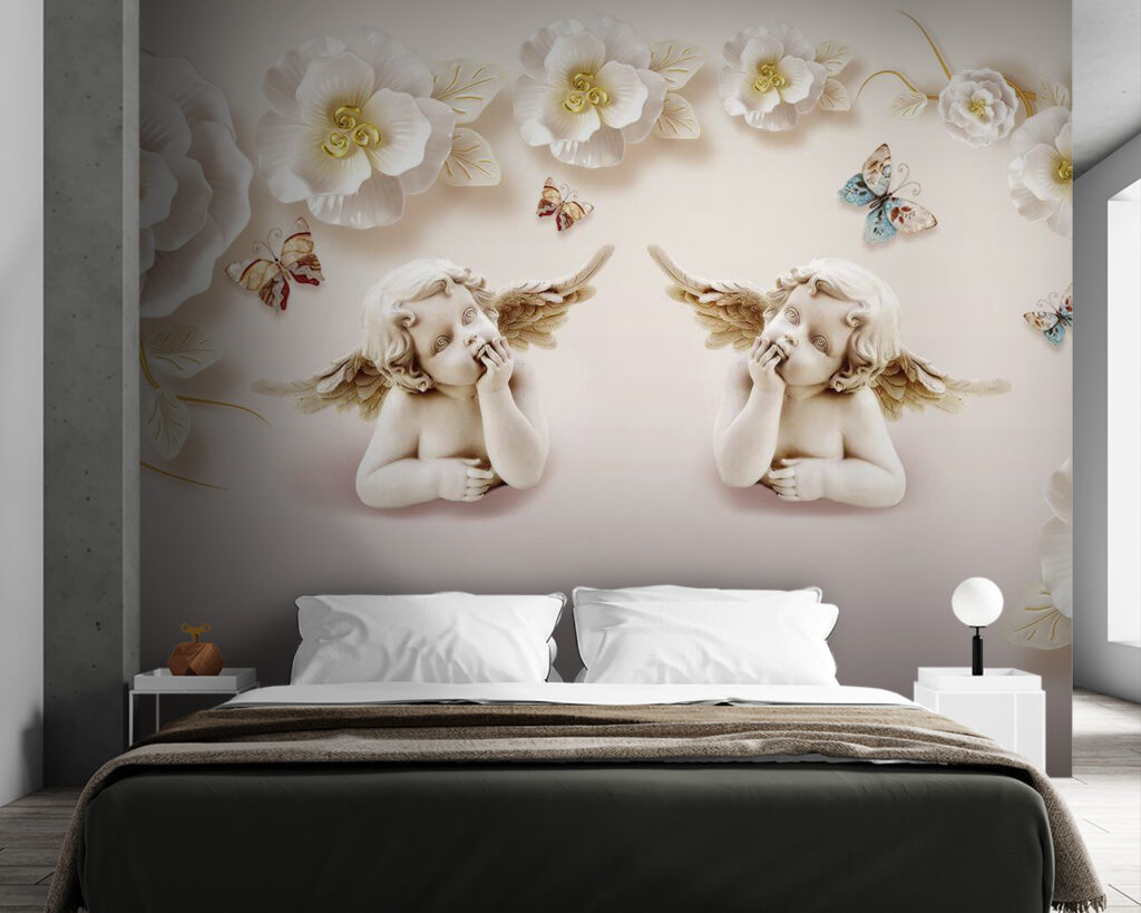 Group of angels with wings and flowers