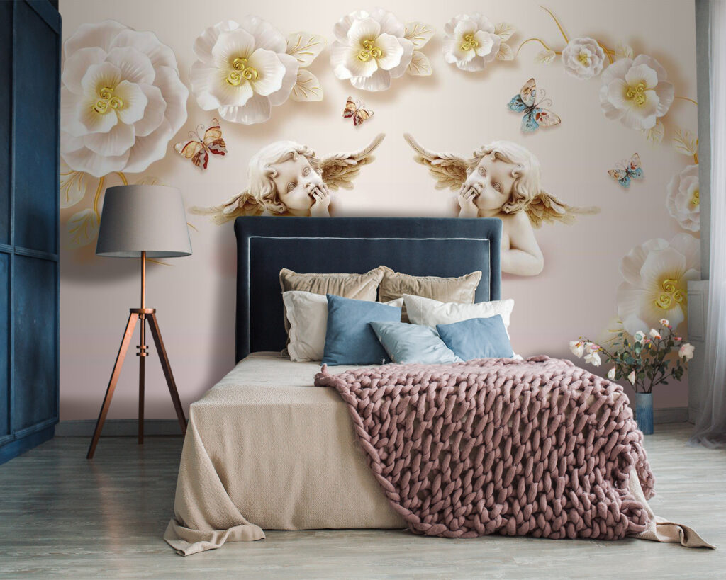 Group of angels with wings and flowers