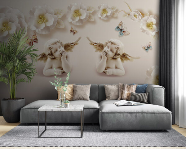 Gruppe von Engeln mit Flügeln und Blumen Gruppe von Engeln mit Flügeln und Blumen