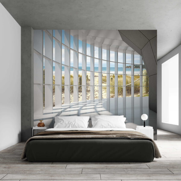 Großes Zimmer mit Fenster und Blick auf den Strand Großes Zimmer mit Fenster und Blick auf den Strand