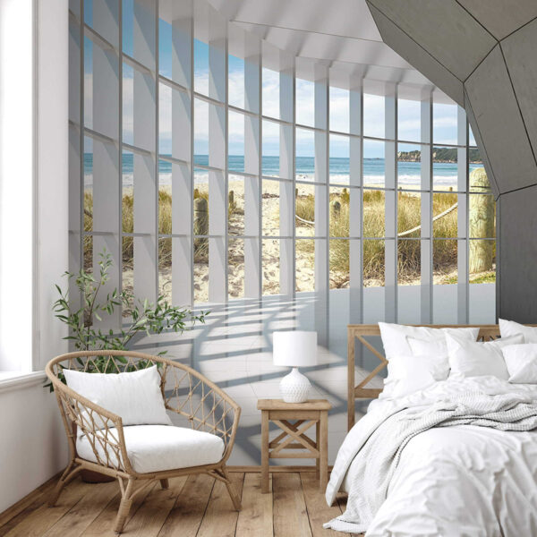 Großes Zimmer mit Fenster und Blick auf den Strand Großes Zimmer mit Fenster und Blick auf den Strand
