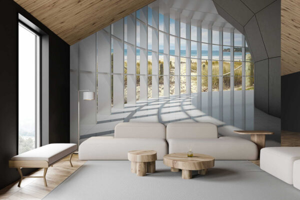 Großes Zimmer mit Fenster und Blick auf den Strand Großes Zimmer mit Fenster und Blick auf den Strand