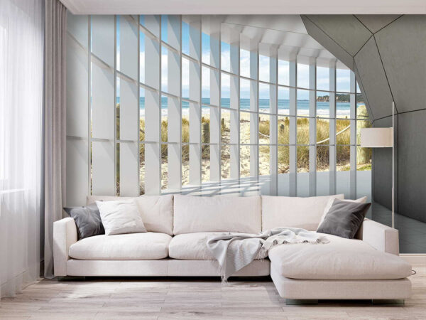 Großes Zimmer mit Fenster und Blick auf den Strand Großes Zimmer mit Fenster und Blick auf den Strand