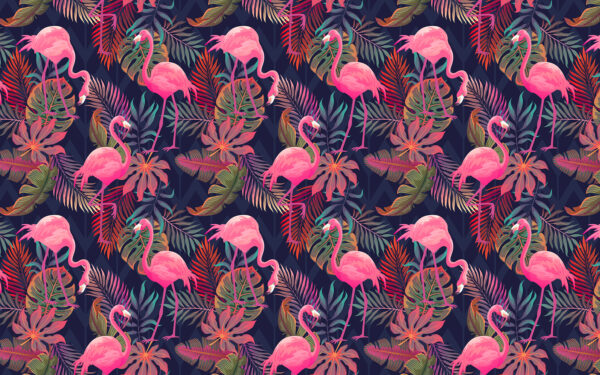A pattern of pink flamingos and leaves