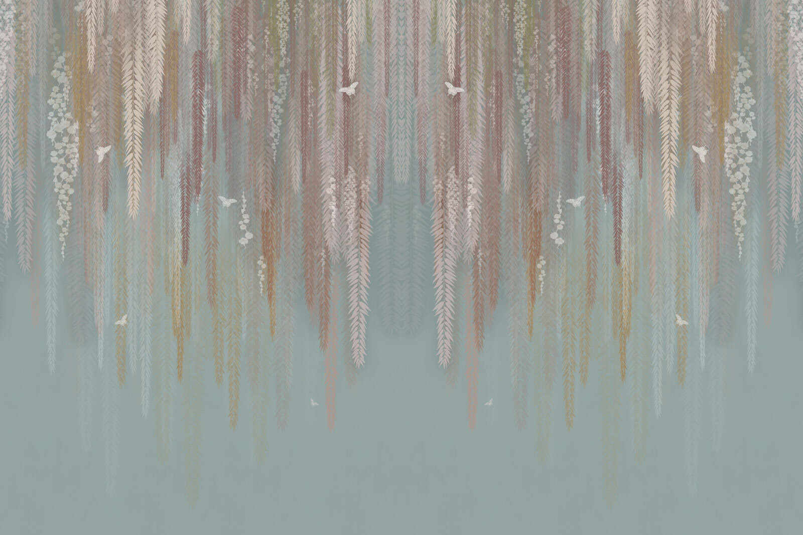 Wallpaper with a pattern of leaves and birds