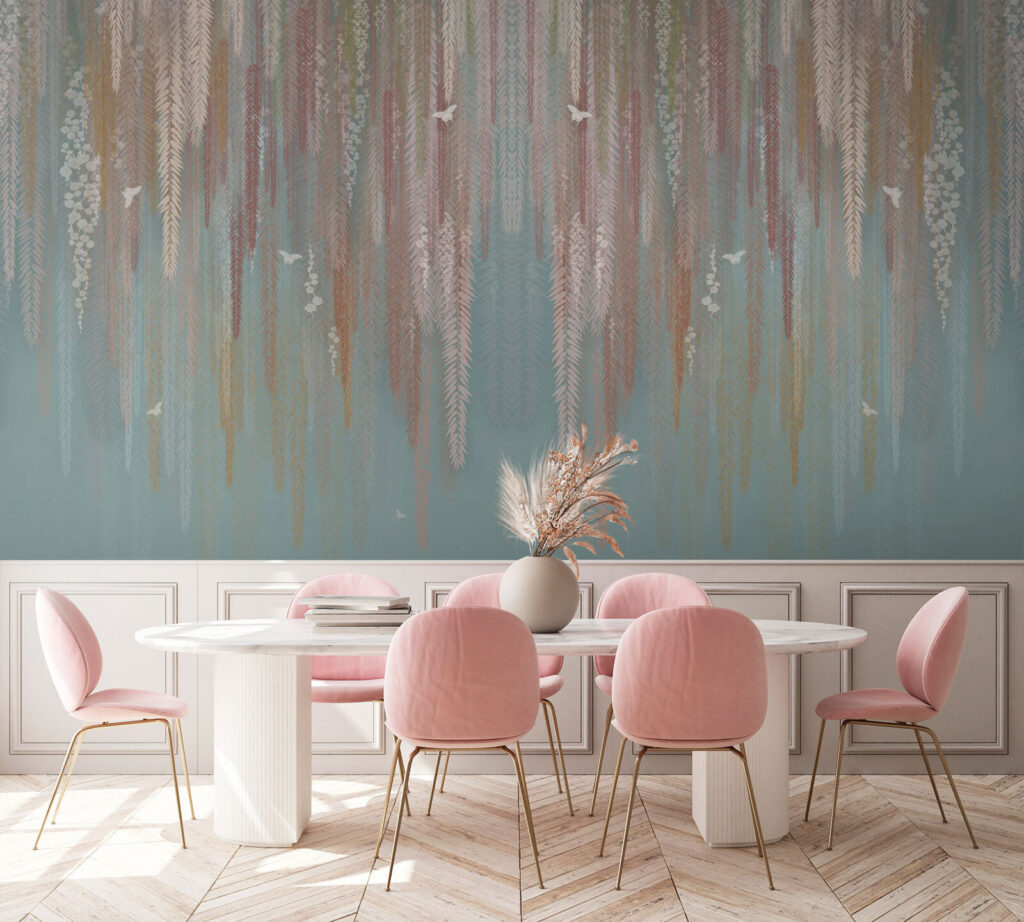 Wallpaper with a pattern of leaves and birds