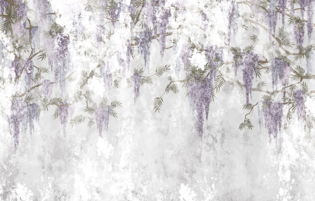 Weiße Wand mit lila Blumen Weiße Wand mit lila Blumen