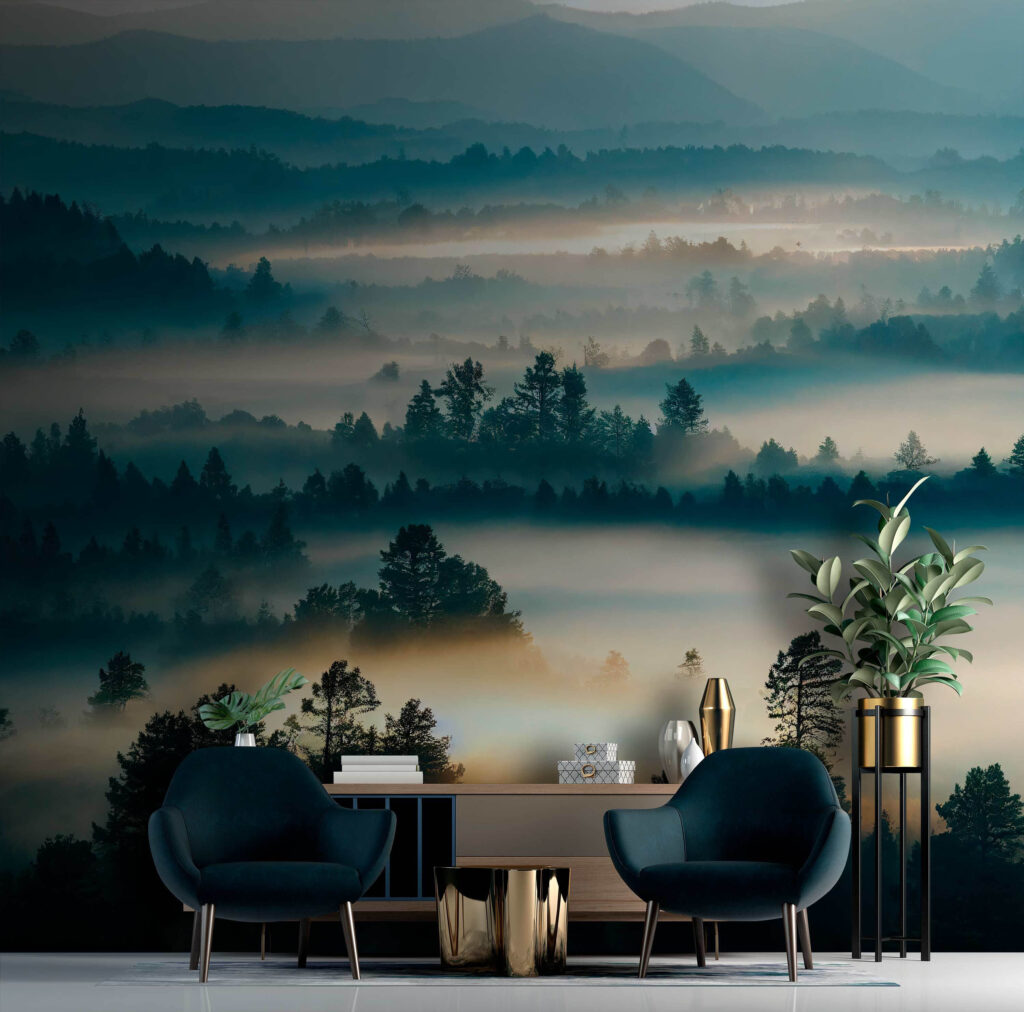 Foggy landscape with trees and mountains Foggy landscape with trees and mountains