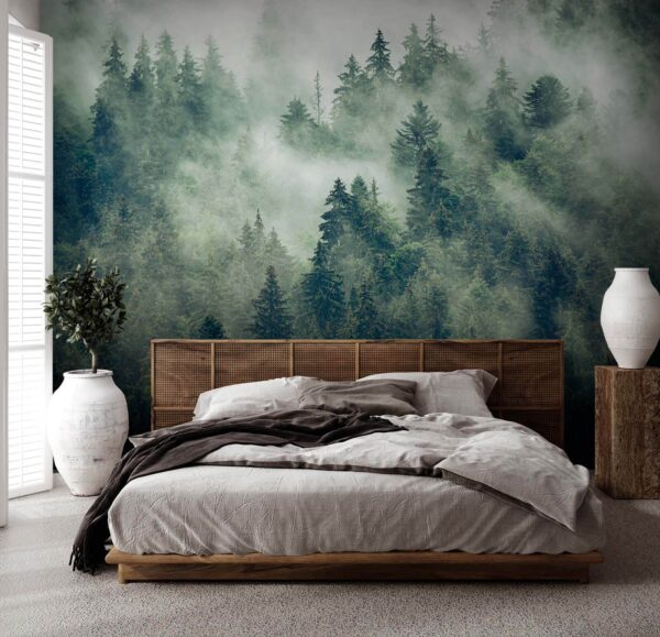 Wald von Bäumen mit Nebel Wald von Bäumen mit Nebel