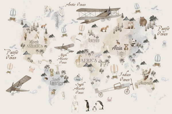 Karte der Welt mit Tieren und Vögeln Karte der Welt mit Tieren und Vögeln