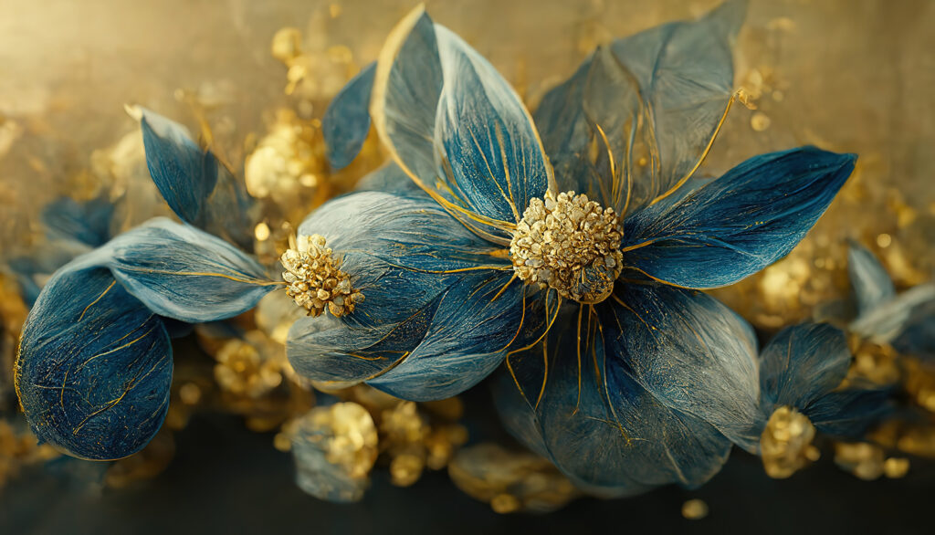 Elegante blaue Blätter und zarte Blüten Elegante blaue Blätter und zarte Blüten