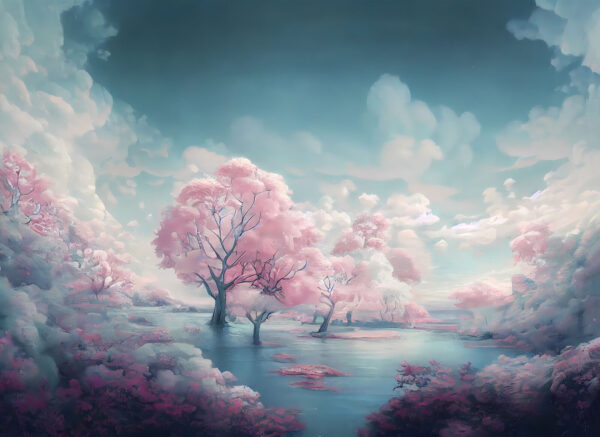 Landschaft mit rosa Bäumen und Wasser Landschaft mit rosa Bäumen und Wasser