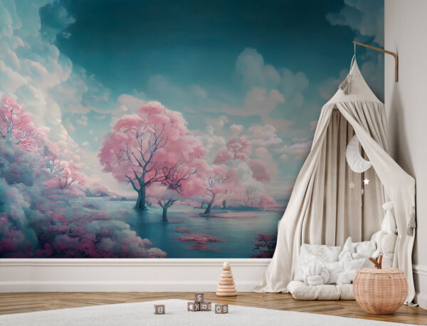 Landschaft mit rosa Bäumen und Wasser Landschaft mit rosa Bäumen und Wasser