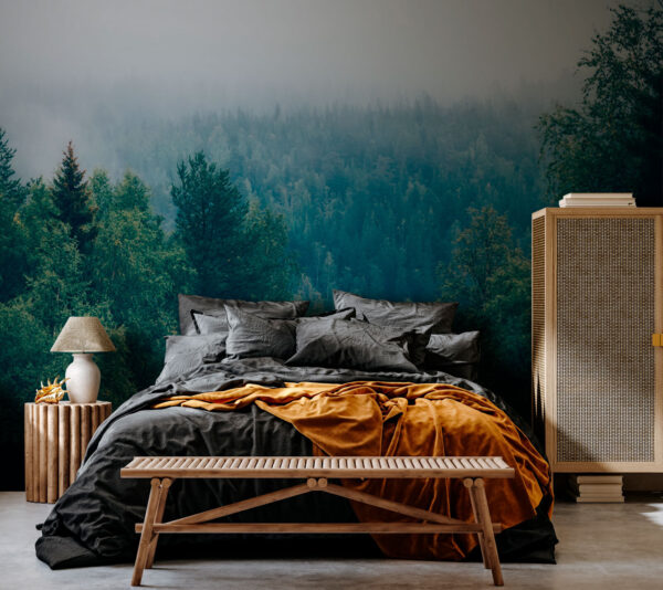 Wald von Bäumen mit Nebel Wald von Bäumen mit Nebel