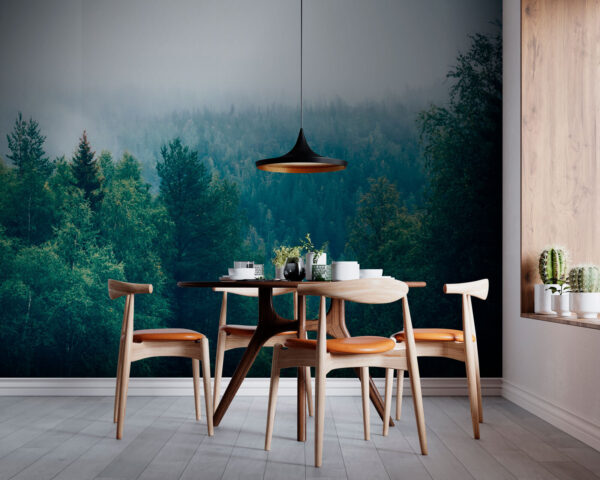 Wald von Bäumen mit Nebel Wald von Bäumen mit Nebel
