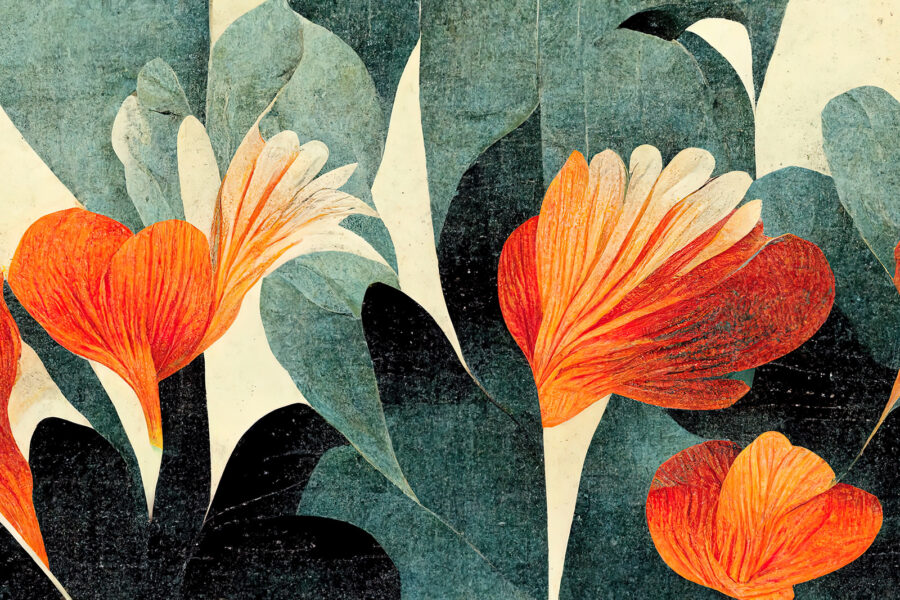 Malerei von orangefarbenen und weißen Blumen Malerei von orangefarbenen und weißen Blumen