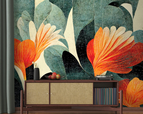 Malerei von orangefarbenen und weißen Blumen Malerei von orangefarbenen und weißen Blumen