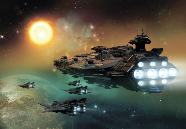 Raumschiff im Weltraum mit einer Gruppe von Raumschiffen am Himmel Raumschiff im Weltraum mit einer Gruppe von Raumschiffen am Himmel
