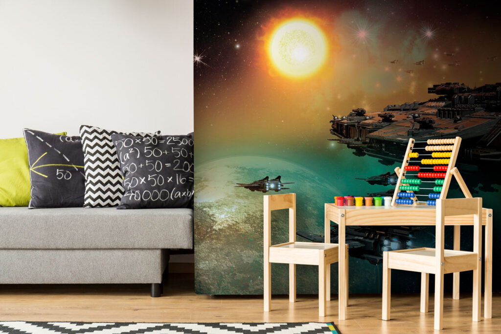 Space ship in space with a group of spaceships in the sky Space ship in space with a group of spaceships in the sky