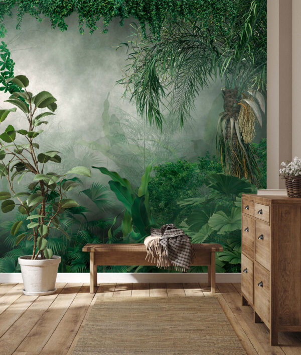 Nebliger Wald mit Pflanzen und Bäumen Nebliger Wald mit Pflanzen und Bäumen