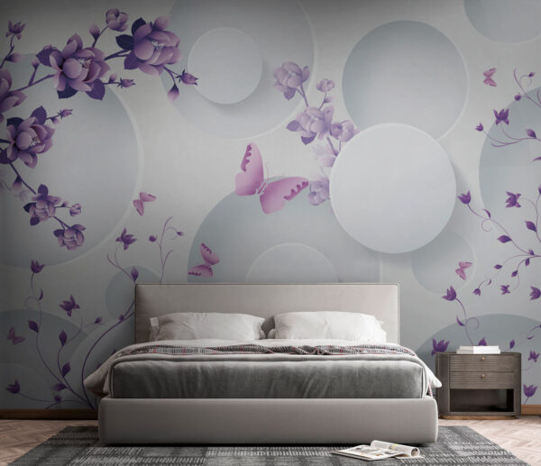 Fototapeten Fototapeten Lila Blumen und weiße Kreise mit lila Schmetterlingen (Artikelnummer: u74482)