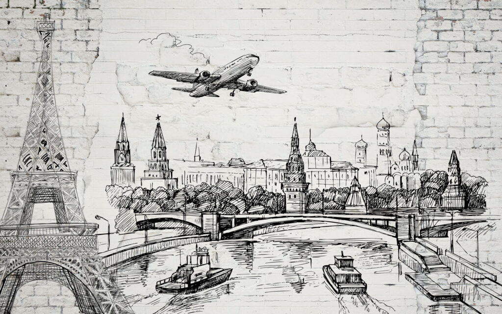 Zeichnung einer Stadt und einer Brücke Zeichnung einer Stadt und einer Brücke