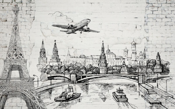 Zeichnung einer Stadt und einer Brücke Zeichnung einer Stadt und einer Brücke