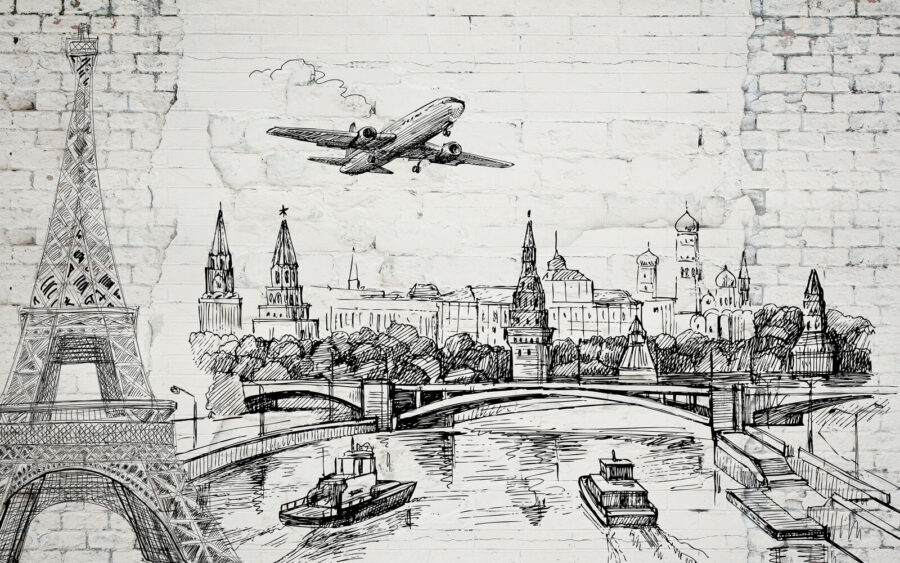 Zeichnung einer Stadt und einer Brücke