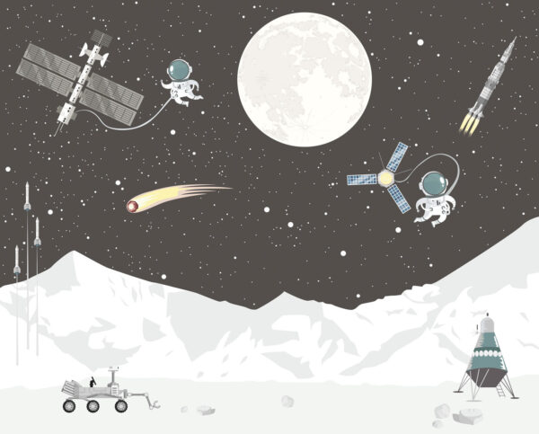 Weltraumszene mit einem Mond und einem Satelliten Weltraumszene mit einem Mond und einem Satelliten