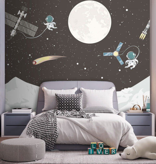 Weltraumszene mit einem Mond und einem Satelliten Weltraumszene mit einem Mond und einem Satelliten