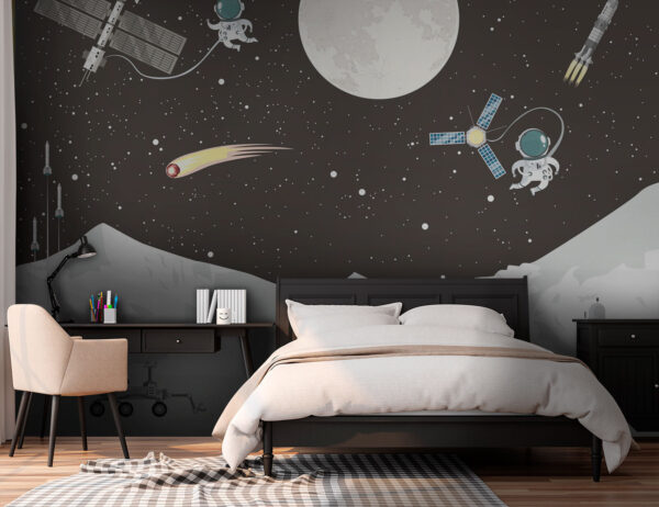 Weltraumszene mit einem Mond und einem Satelliten Weltraumszene mit einem Mond und einem Satelliten