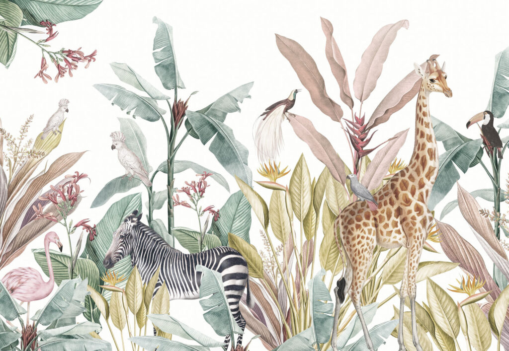 Tapete mit Zebras und Vögeln Tapete mit Zebras und Vögeln