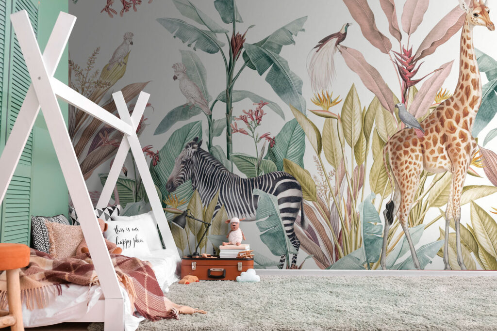 Wallpaper with zebras and birds