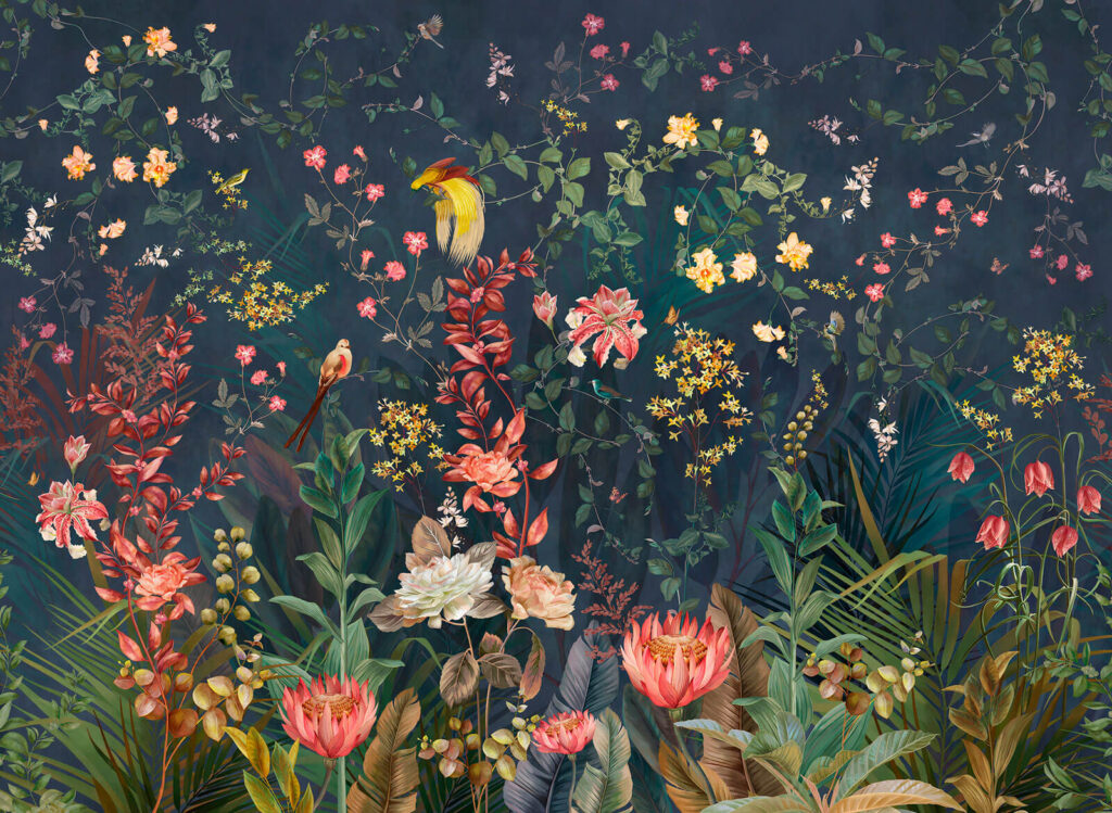 Tapete mit Blumen und Vögeln Tapete mit Blumen und Vögeln