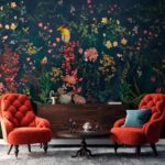 Fototapeten Tapete mit Blumen und Vögeln