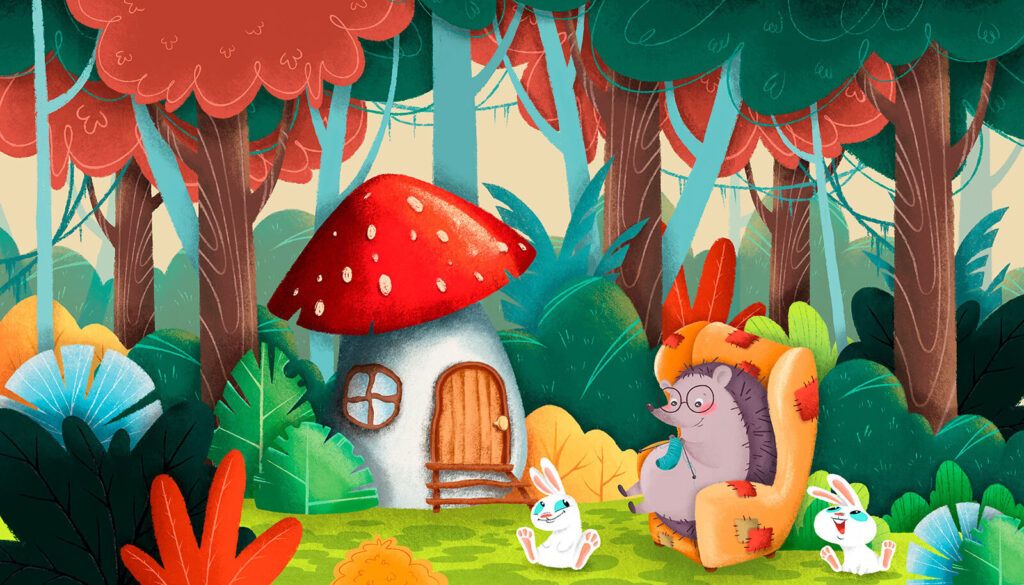 Cartoon eines Igels, der auf einem Stuhl in einem Wald sitzt Cartoon eines Igels, der auf einem Stuhl in einem Wald sitzt
