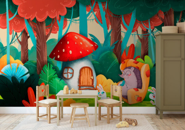 Cartoon eines Igels, der auf einem Stuhl in einem Wald sitzt Cartoon eines Igels, der auf einem Stuhl in einem Wald sitzt
