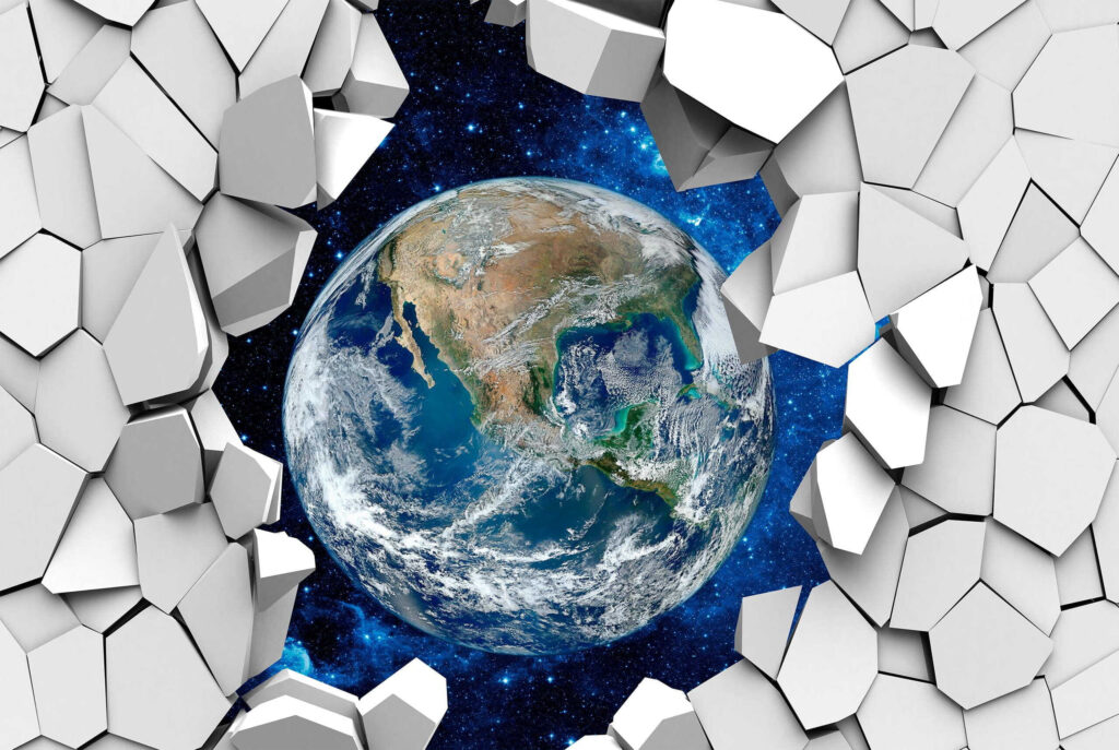 Der Planet Erde bricht durch ein Loch in der Wand Der Planet Erde bricht durch ein Loch in der Wand
