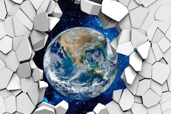 Der Planet Erde bricht durch ein Loch in der Wand Der Planet Erde bricht durch ein Loch in der Wand