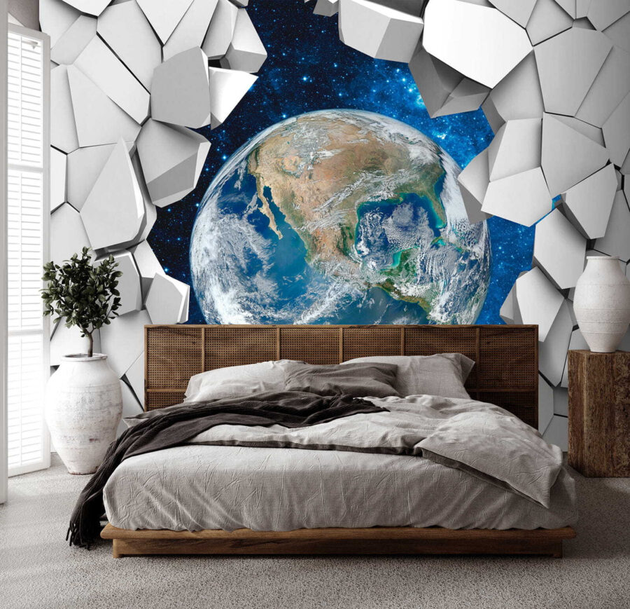 Der Planet Erde bricht durch ein Loch in der Wand Der Planet Erde bricht durch ein Loch in der Wand