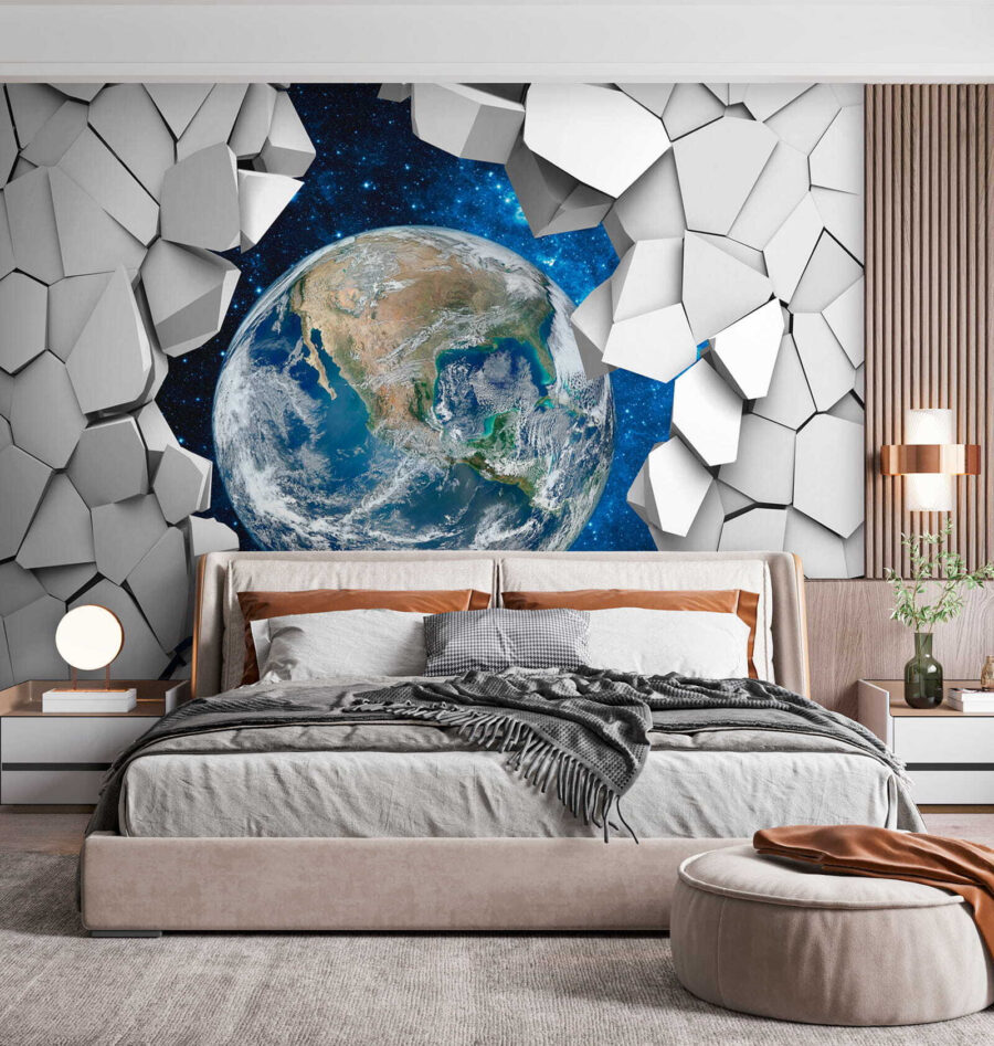Der Planet Erde bricht durch ein Loch in der Wand Der Planet Erde bricht durch ein Loch in der Wand