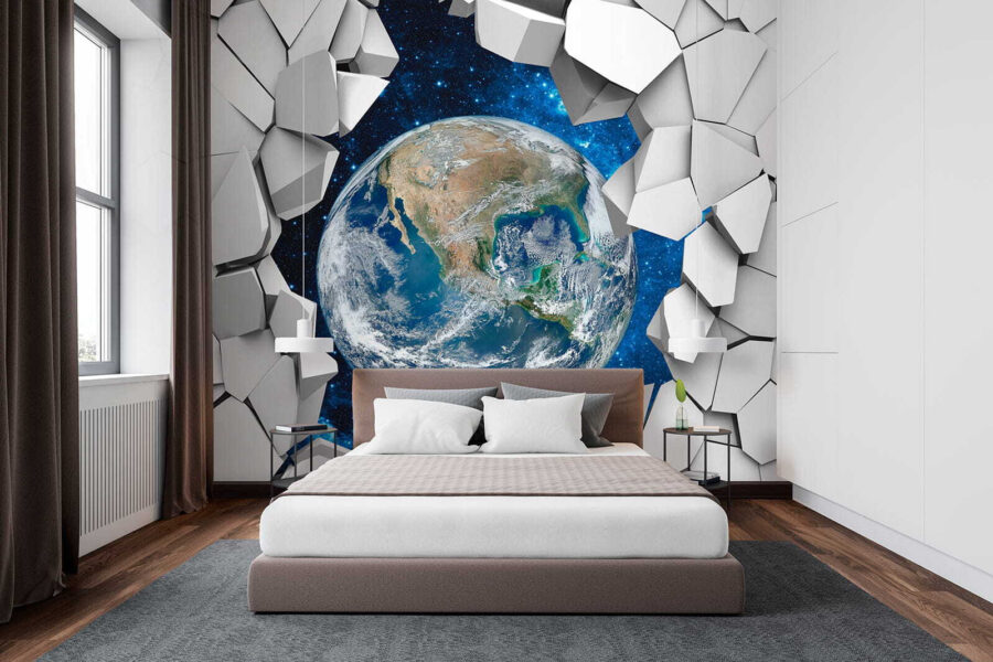 Der Planet Erde bricht durch ein Loch in der Wand Der Planet Erde bricht durch ein Loch in der Wand