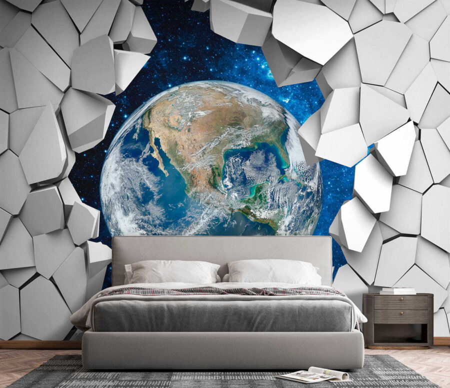 Der Planet Erde bricht durch ein Loch in der Wand Der Planet Erde bricht durch ein Loch in der Wand