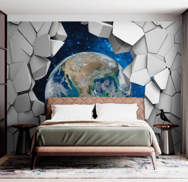 Der Planet Erde bricht durch ein Loch in der Wand Der Planet Erde bricht durch ein Loch in der Wand