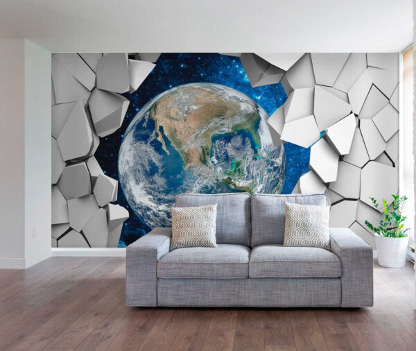 Der Planet Erde bricht durch ein Loch in der Wand Der Planet Erde bricht durch ein Loch in der Wand
