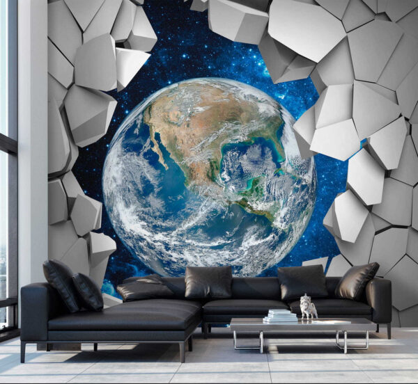 Der Planet Erde bricht durch ein Loch in der Wand Der Planet Erde bricht durch ein Loch in der Wand